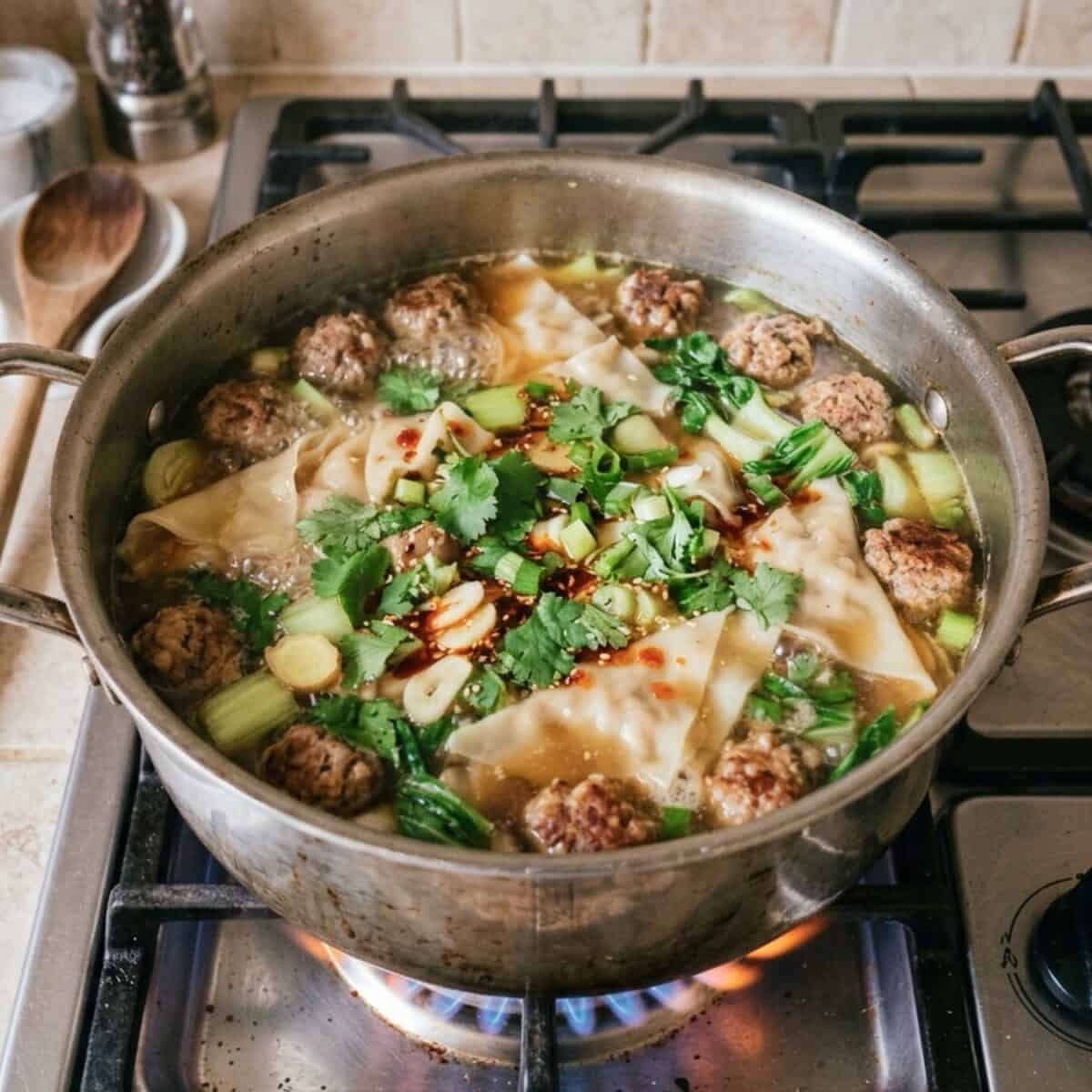 Broken wonton soup in soup pot on gas stove.