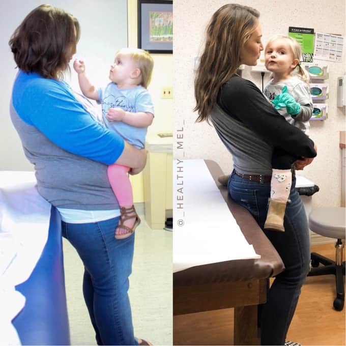 Healthy Mel with daughter before and after weight loss