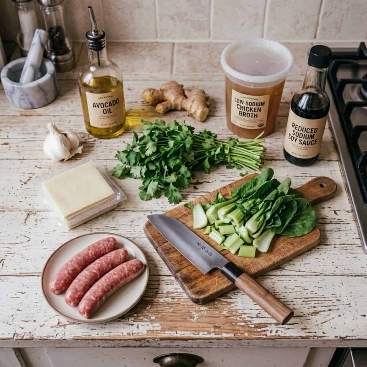 Ingredients including avocado oil, low-sodium chicken broth, reduced sodium soy sauce, garlic, fresh ginger, bunch of cilantro, bok choy on cutting boarfd with a knife, wonton wrappers and sausage on a small plate.