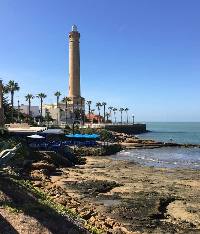 Chipiona Lighthouse (also known as Punta del Perro Light) in Chipiona, Cádiz, Spain.