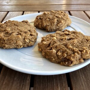 3 peach breakfast cookies on round white saucer