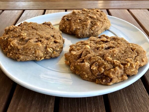 3 peach breakfast cookies on round white saucer