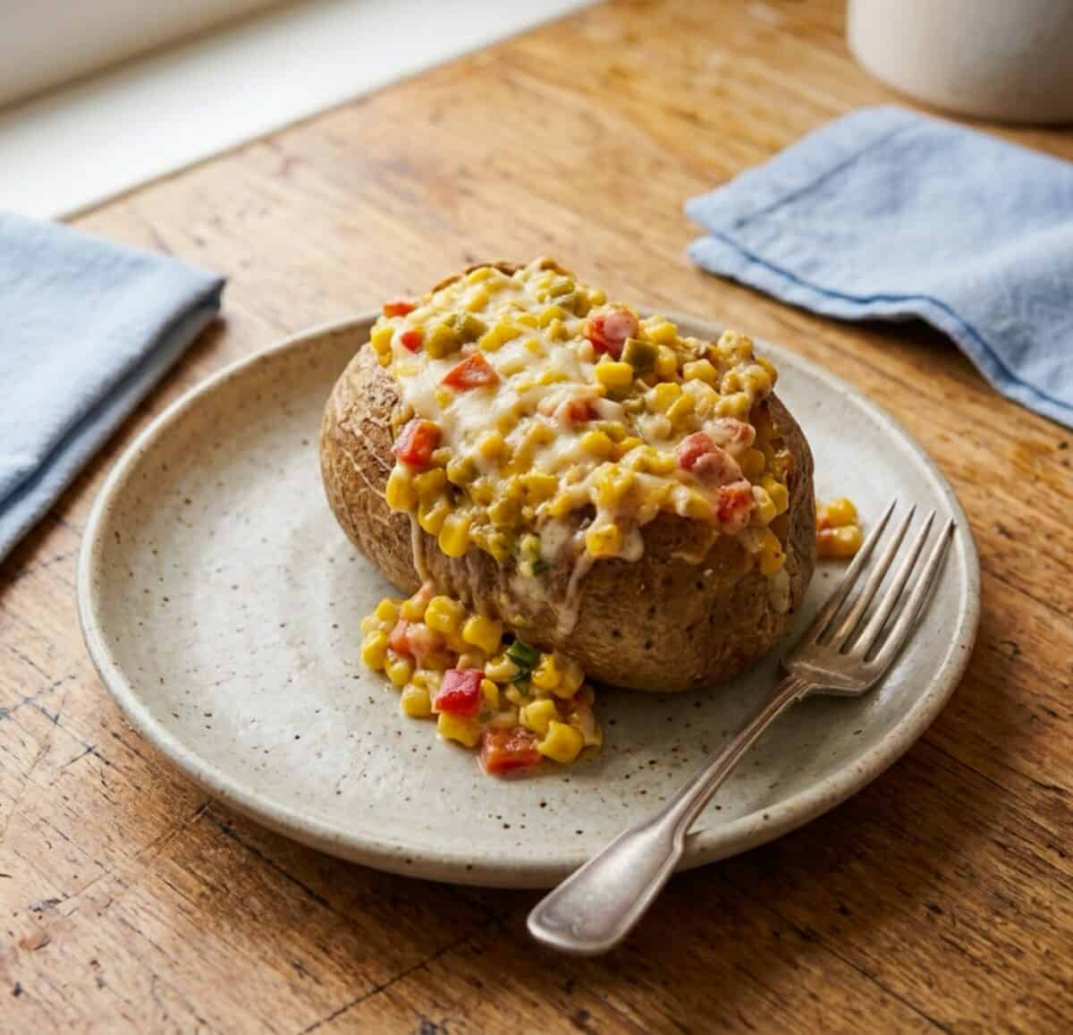 Crock pot corn dip over a baked potato on a small plate.