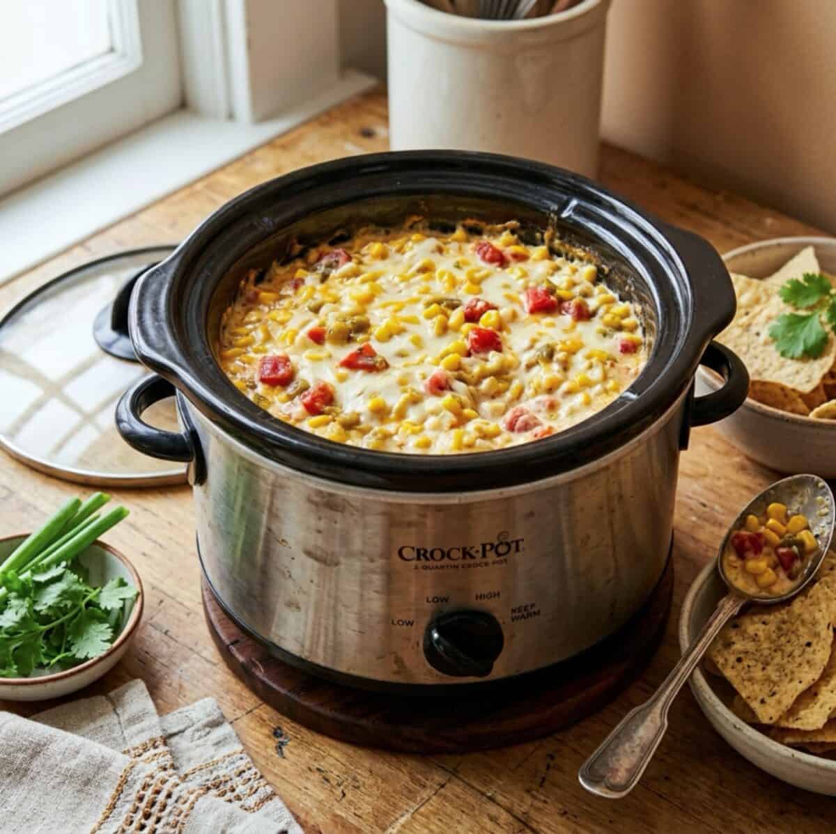 Crock pot corn dip in a small slow cooker with tortilla chips and spoon.