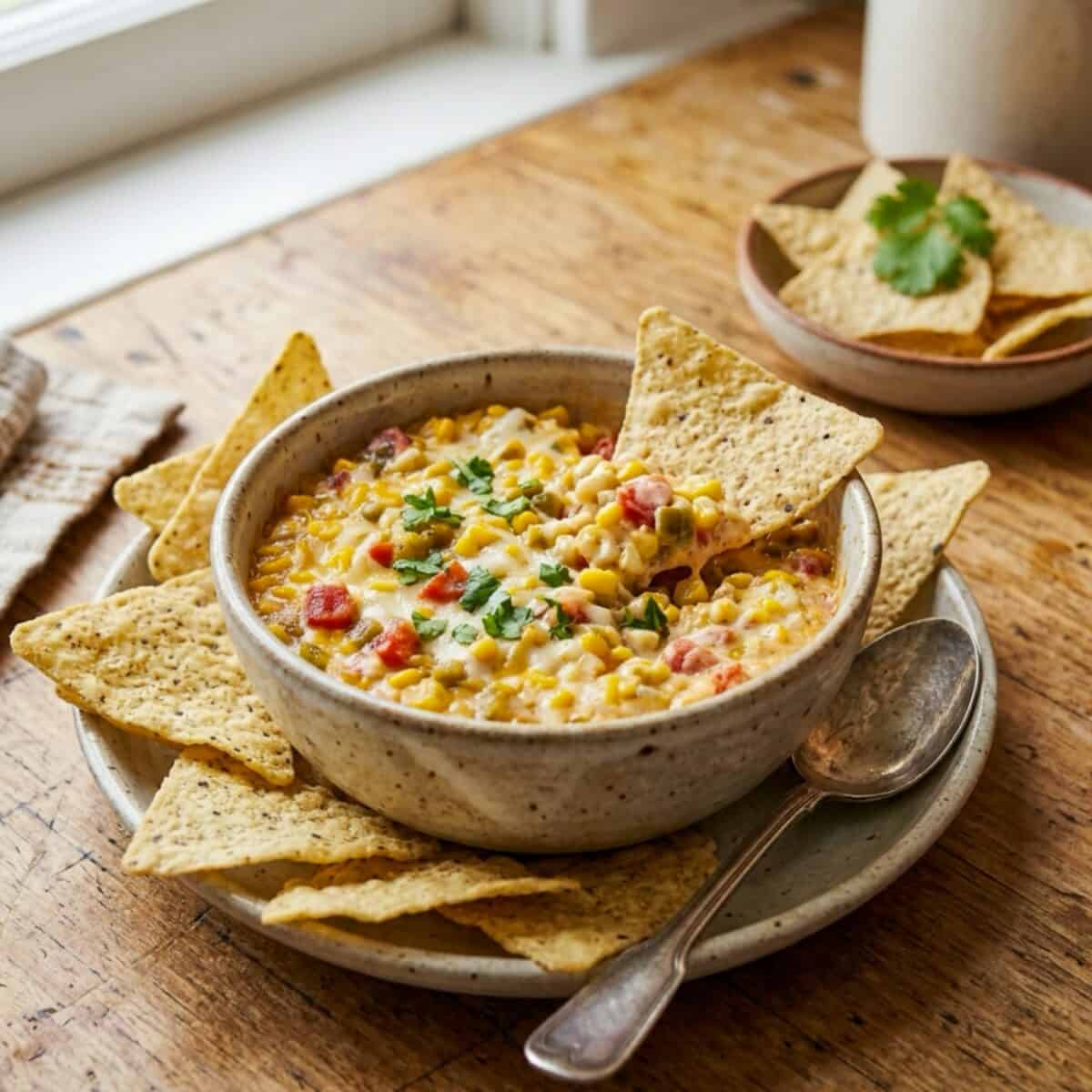 Crock pot corn dip in a small bowl with tortilla chips for dipping.