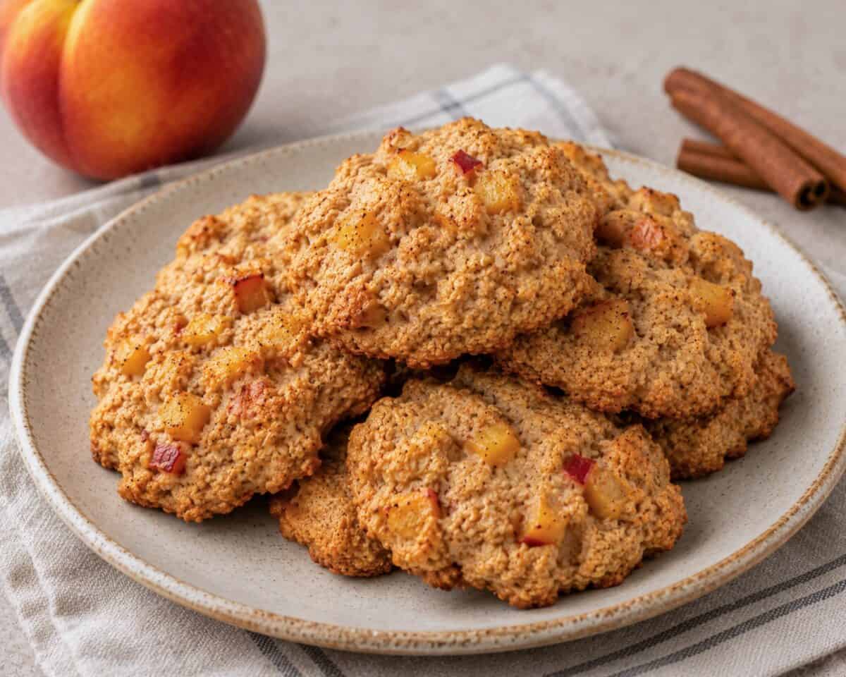 Peach Breakfast Cookies stacked on a serving plate.