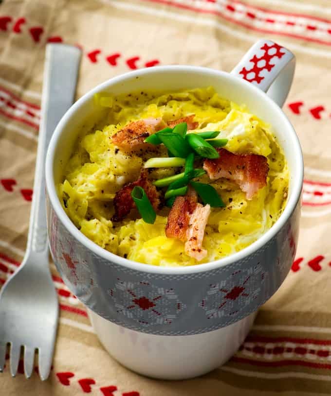 Colorful patterned mug with microwave baked salmon omelet within it.