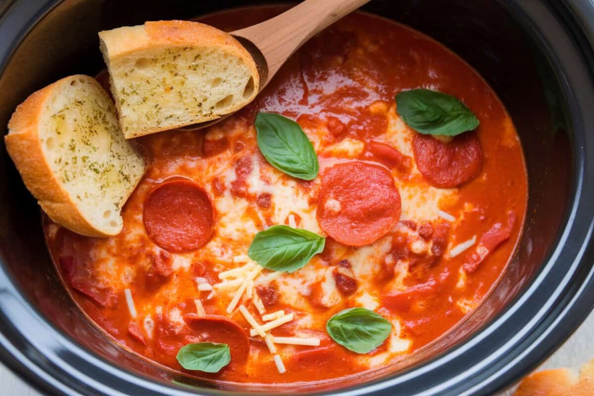 slow cooker pizza soup in black crock garnished with basil and Italian bread