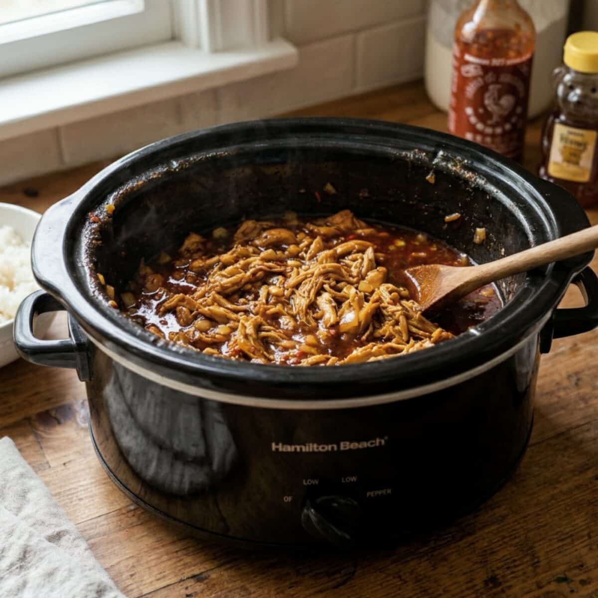 Stirring honey sriracha chicken in a black crock pot with wooden spoon.