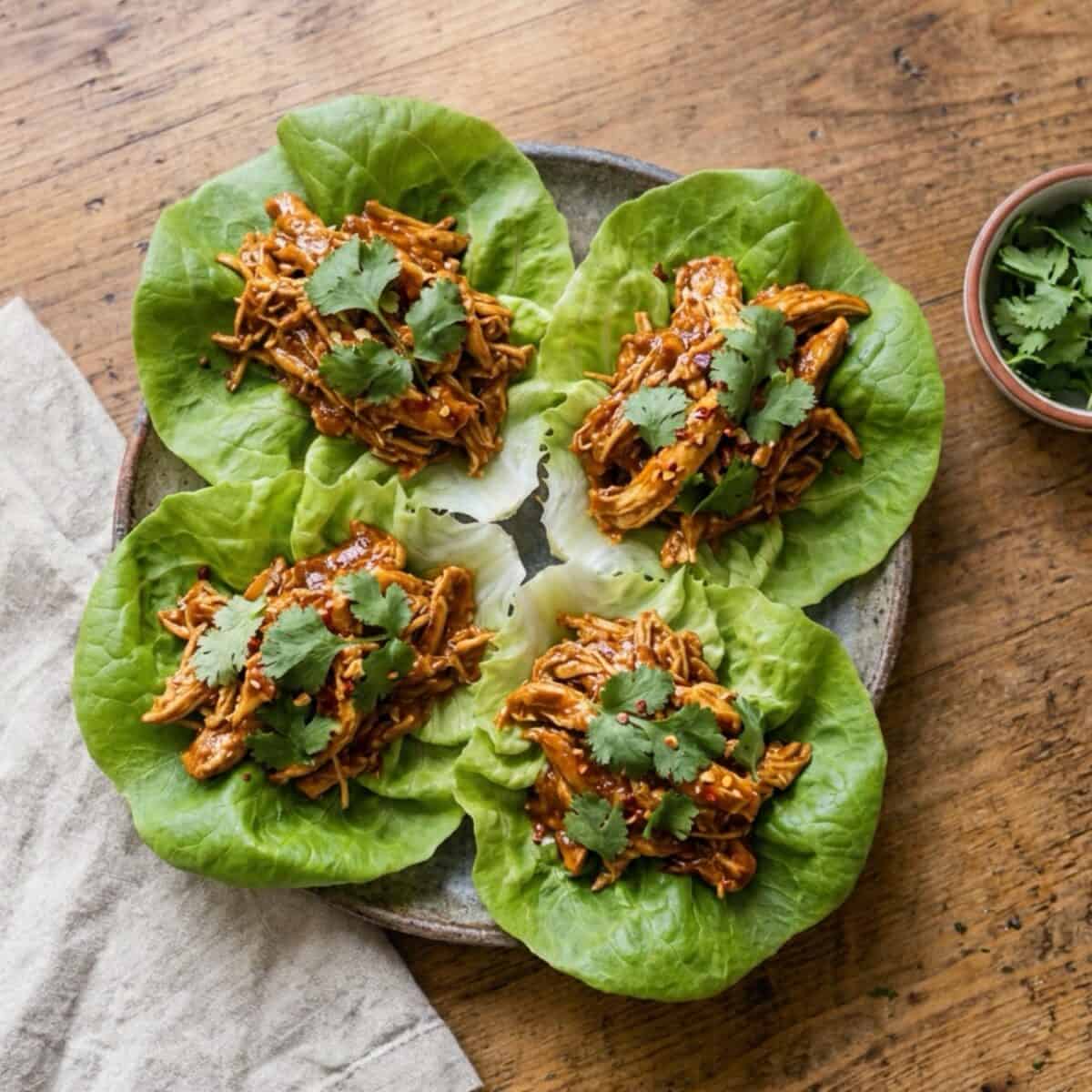 Slow cooker honey sriracha lettuce wraps on plate on wood table.
