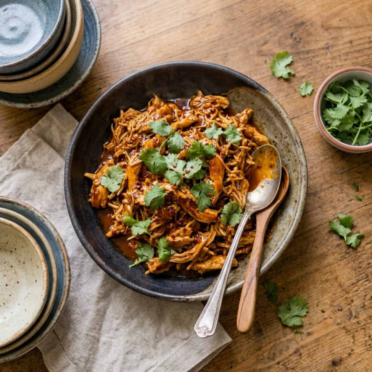 Slow cooker honey sriracha chicken topped with fresh cilantro in a serving bowl with serving spoons on wood table.