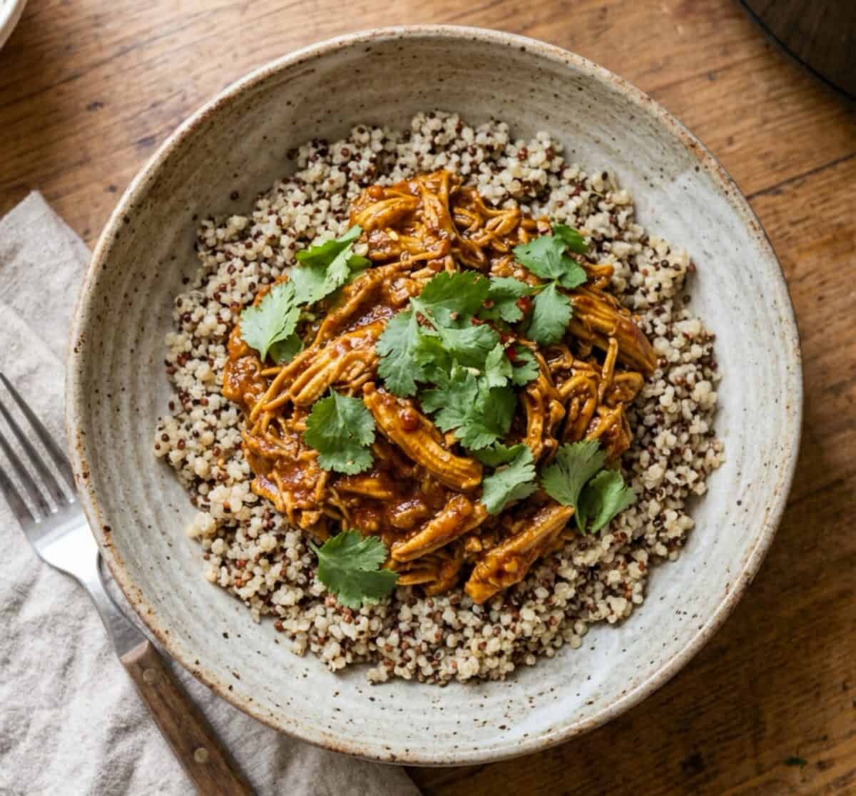 Slow cooker honey sriracha chicken over quinoa garnished with fresh cilantro in a bowl with a fork and linen napkin.