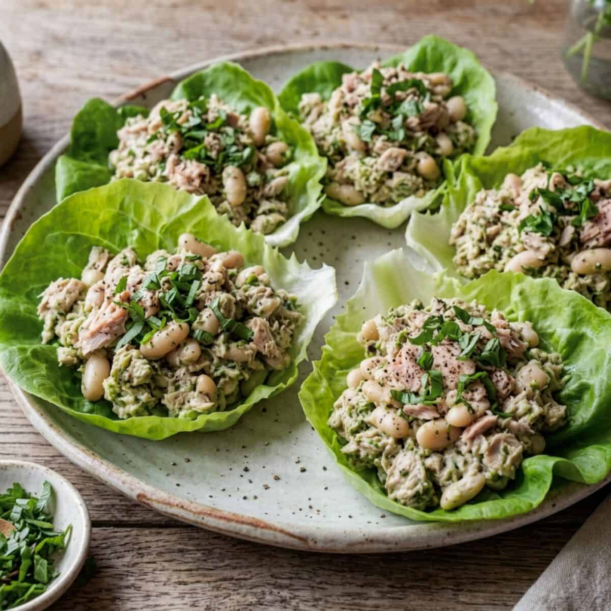 Summer tuna and white beans on butter lettuce leaves on a serving platter.