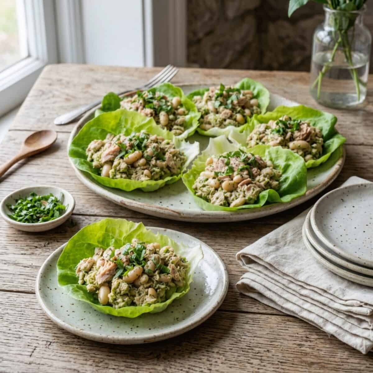 Summer tuna and white beans on butter lettuce leaves on serving platter with one tuna stuffed lettuce leaf on a small plate in front.
