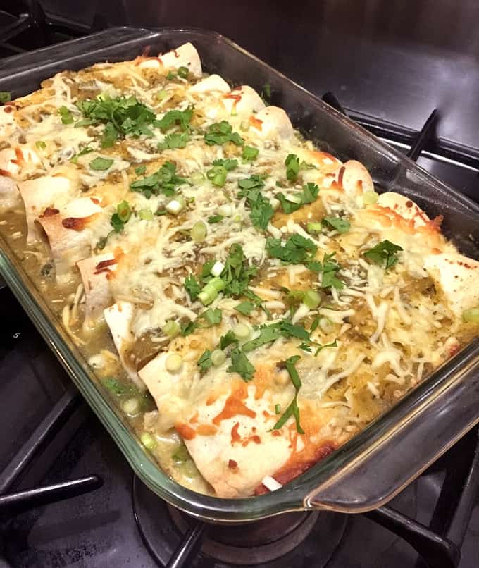 Enchiladas fresh from oven in glass baking dish topped with chopped green onions and cilantro.