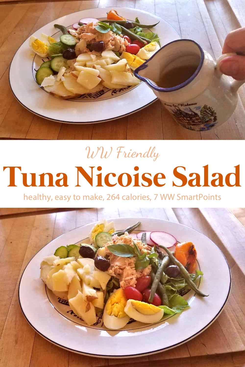 Tuna Nicoise Salad on white plate on wooden cutting board.