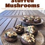 Two small plates with vegetarian stuffed mushrooms on wooden table.