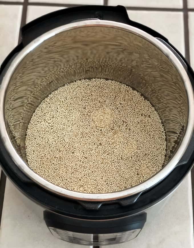 InstantPot with uncooked quinoa and water.