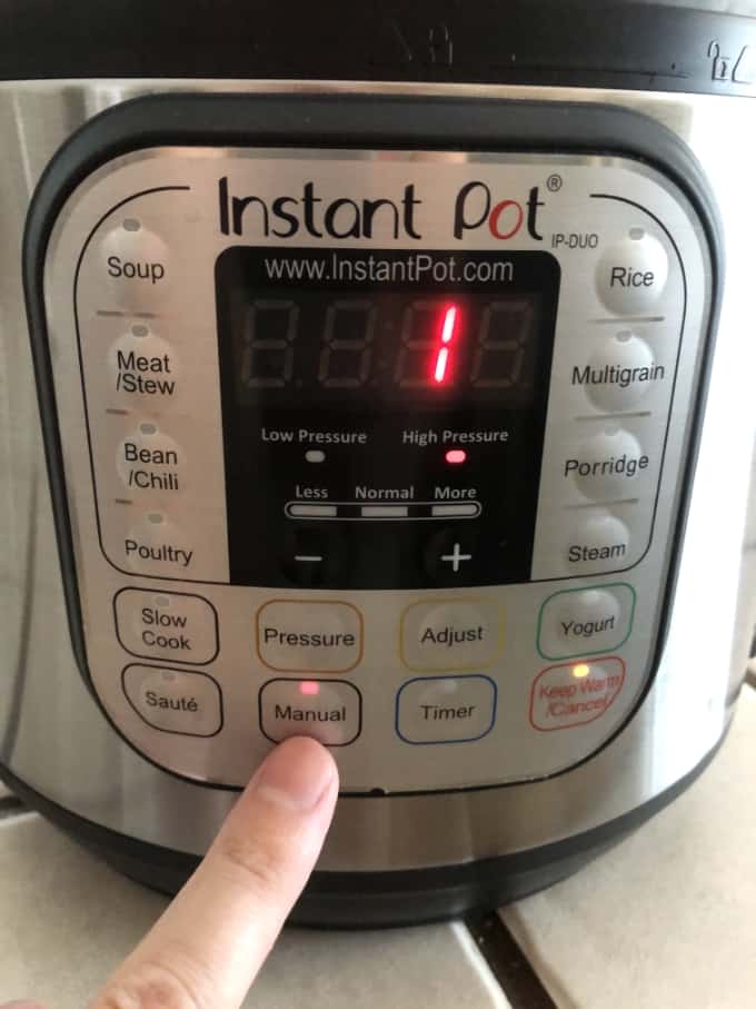 Setting Instantpot to high pressure for one minute.