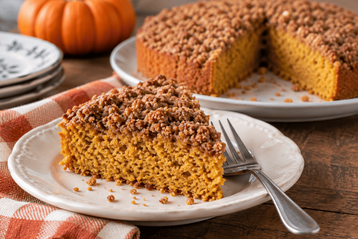 wedge of low fat pumpkin crumb cake on white plate with fork alongside, whole cake in the back.