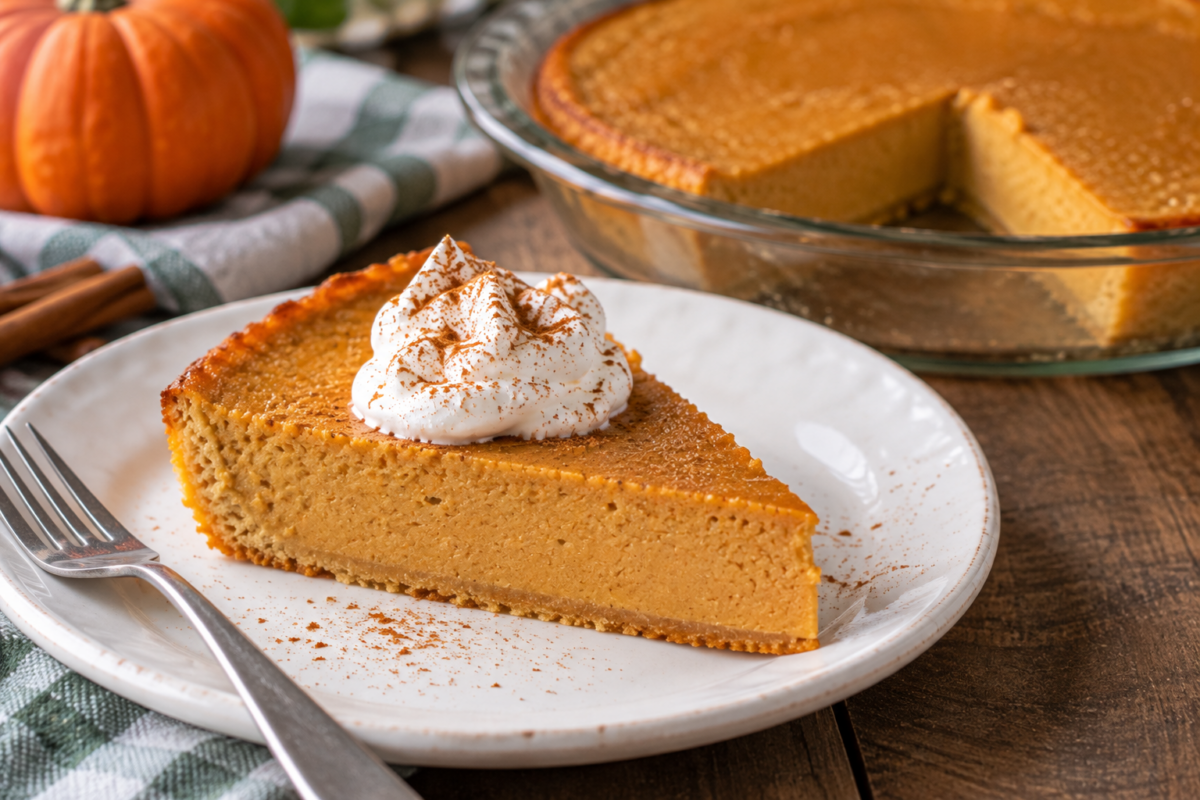 wedge of low fat impossible pumpkin pie on white plate with glass pie dish in background