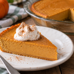 wedge of low fat impossible pumpkin pie on white plate with glass pie dish in background
