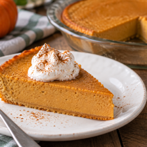 wedge of low fat impossible pumpkin pie on white plate with glass pie dish in background
