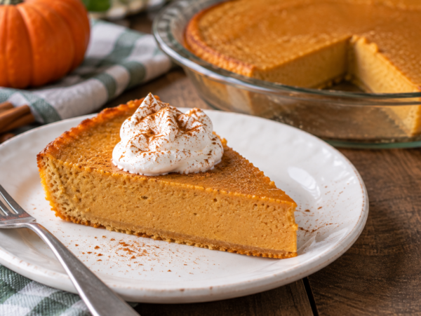 wedge of low fat impossible pumpkin pie on white plate with glass pie dish in background