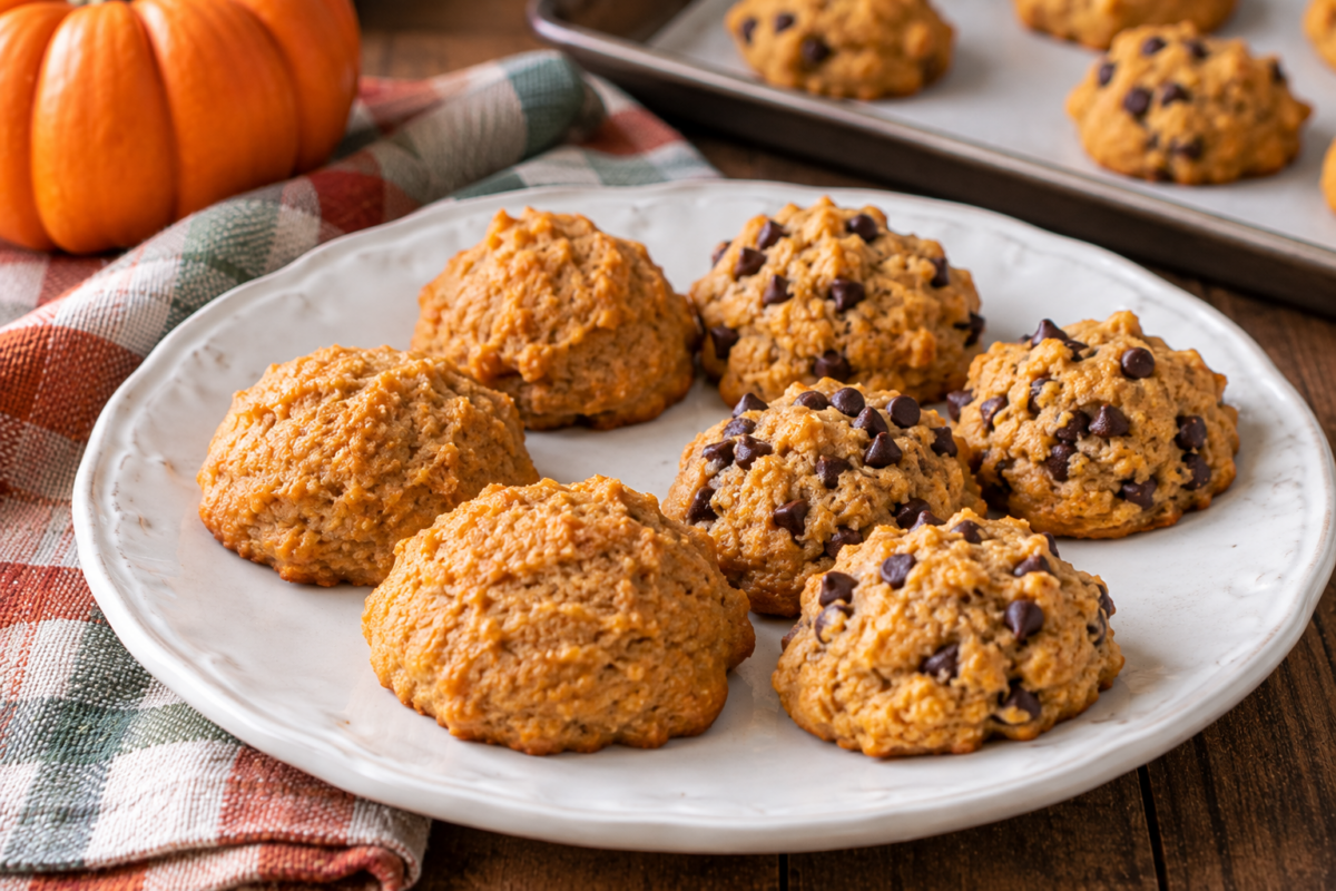 old-fashioned pumpkin cookies --plain and with chocolate chips on white plate