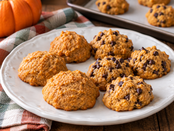 old-fashioned pumpkin cookies --plain and with chocolate chips on white plate