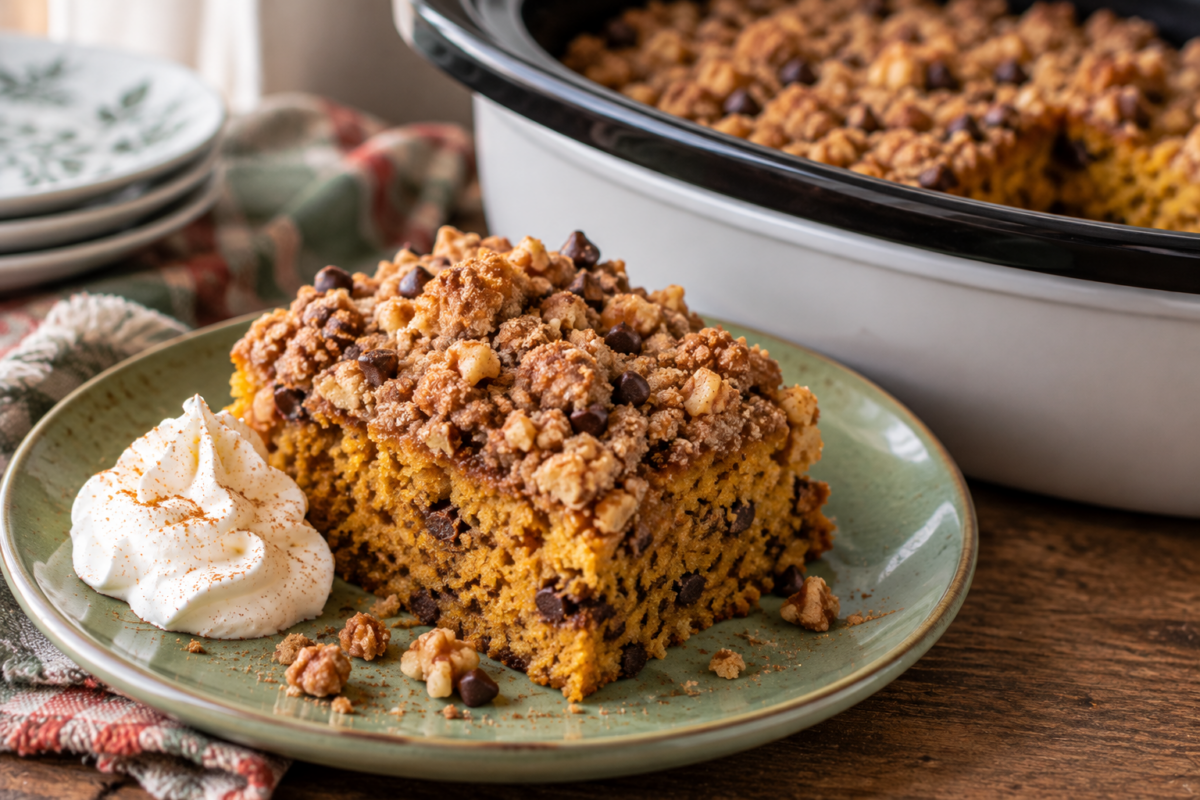 green pottery plate with piece of slow cooker pumpkin cake garnished with whipped cream