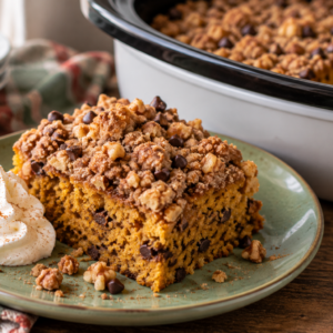 green pottery plate with piece of slow cooker pumpkin cake garnished with whipped cream