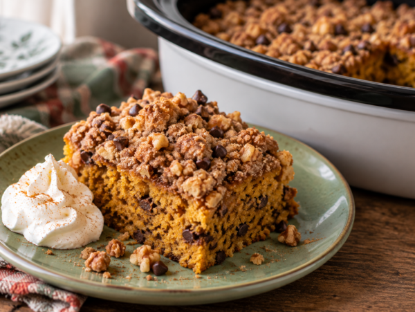 green pottery plate with piece of slow cooker pumpkin cake garnished with whipped cream