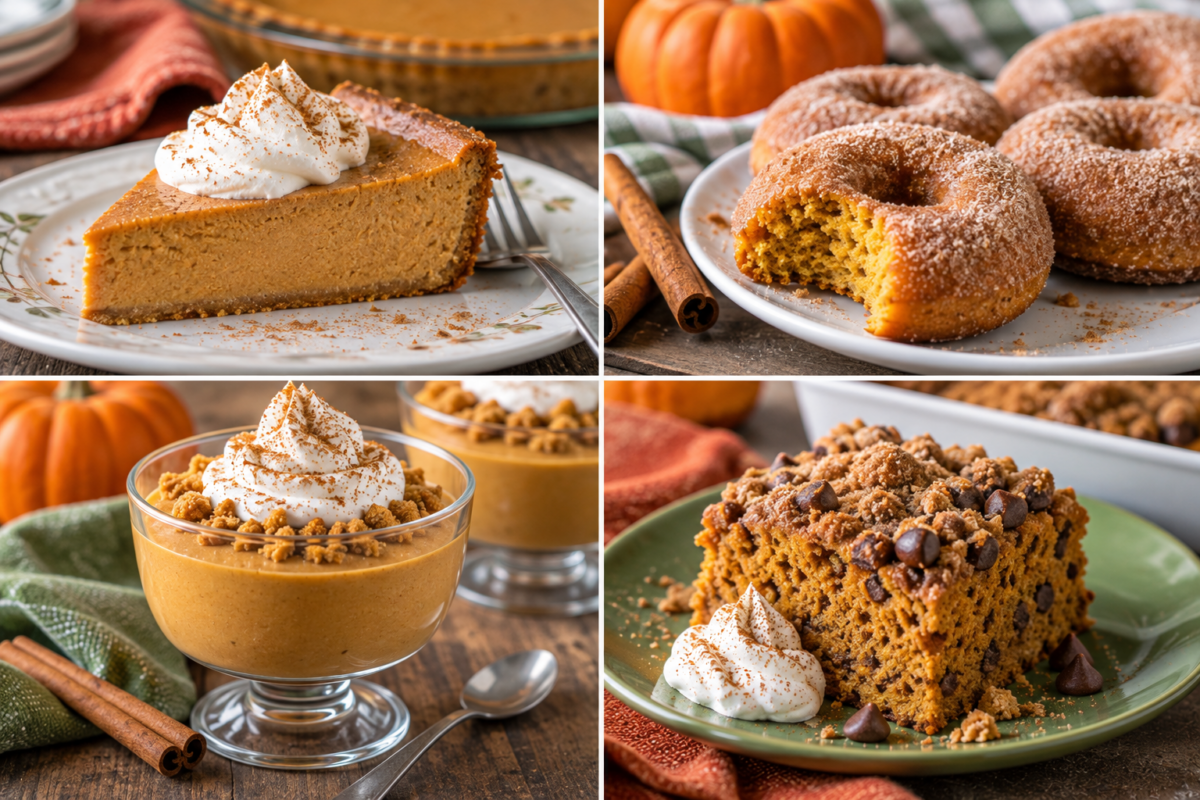collage of pumpkin desserts: pumpkin pie, donuts, fluff, cake