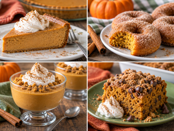 collage of pumpkin desserts: pumpkin pie, donuts, fluff, cake
