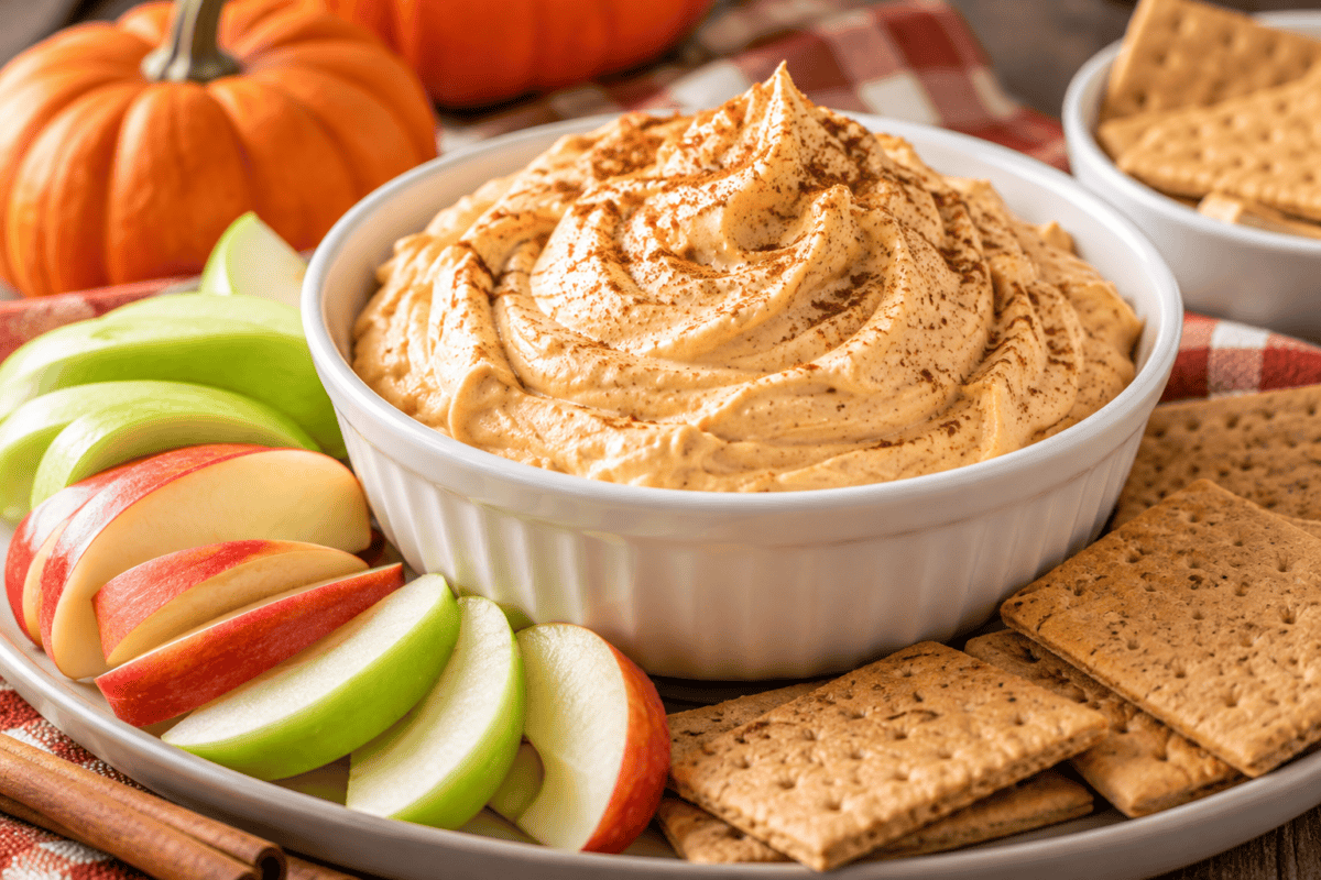 pumpkin mousse fluff in white bowl surrounded by apple slices and graham crackers