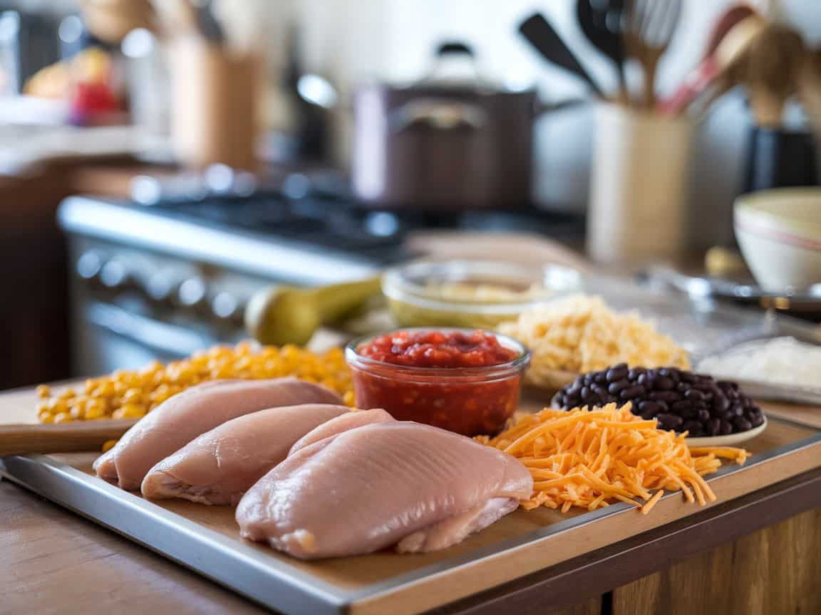 chicken breasts, shredded cheese, salsa, corn, black beans on counter top