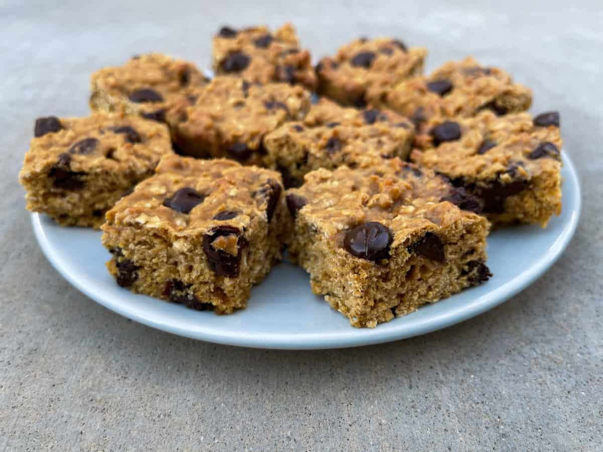 Low Fat Oatmeal Chocolate Chip Cookies Bars on blue plate.