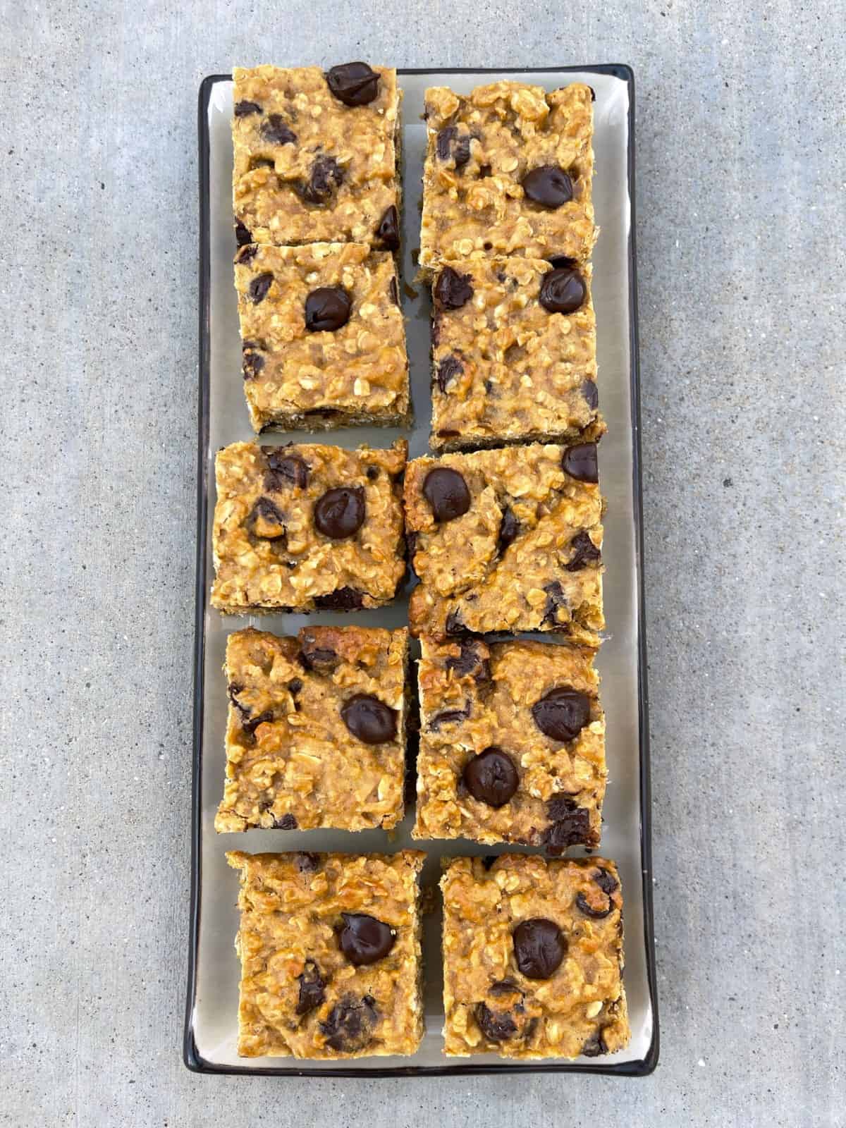 Low Fat Oatmeal Chocolate Chip Cookie Bars on rectangular serving platter.