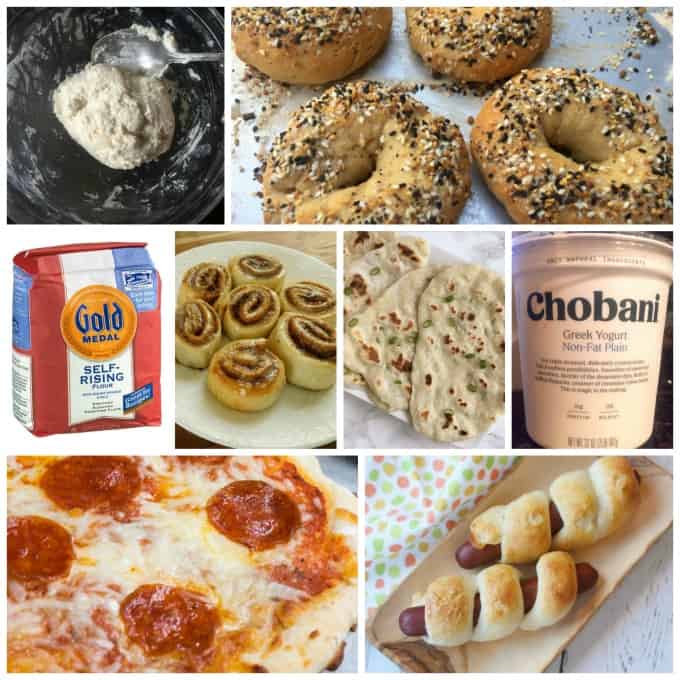 Collage of 2-ingredient dough, including everything bagel, cinnamon rolls, pigs in a blanket and pepperoni pizza.