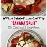 Low calorie frozen Cool Whip "Banana Split" with fresh strawberries and chocolate drizzle in glass bowl with spoon.