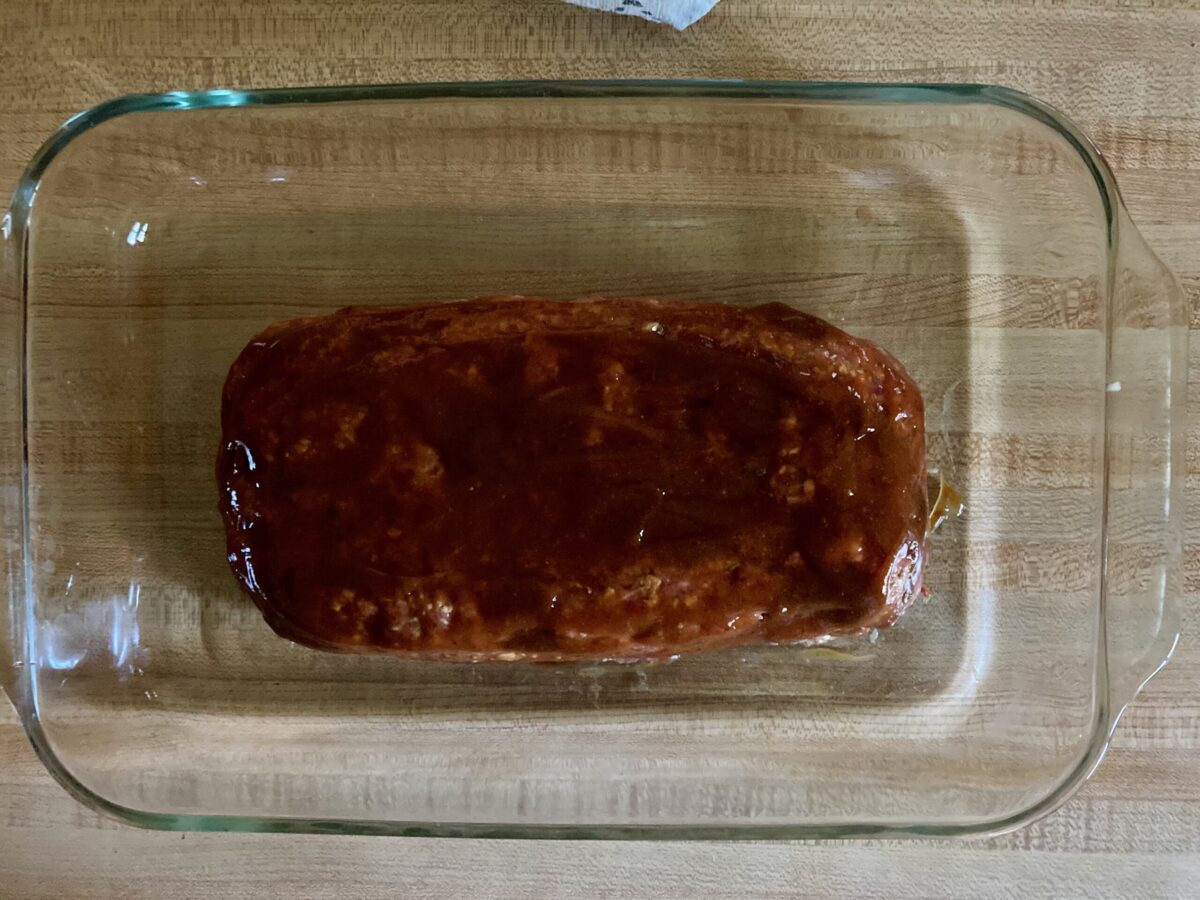 Paula Deen Meatloaf in Glass Baking Dish Ready for Oven