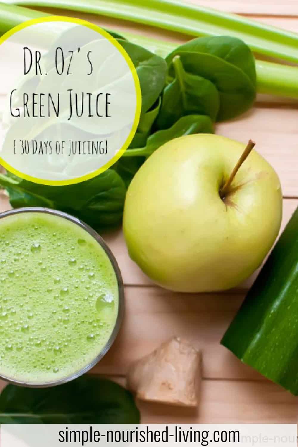 Glass of green juice surrounded by cucumber, spinach, apple, ginger with text 'Dr Oz Green Juice'