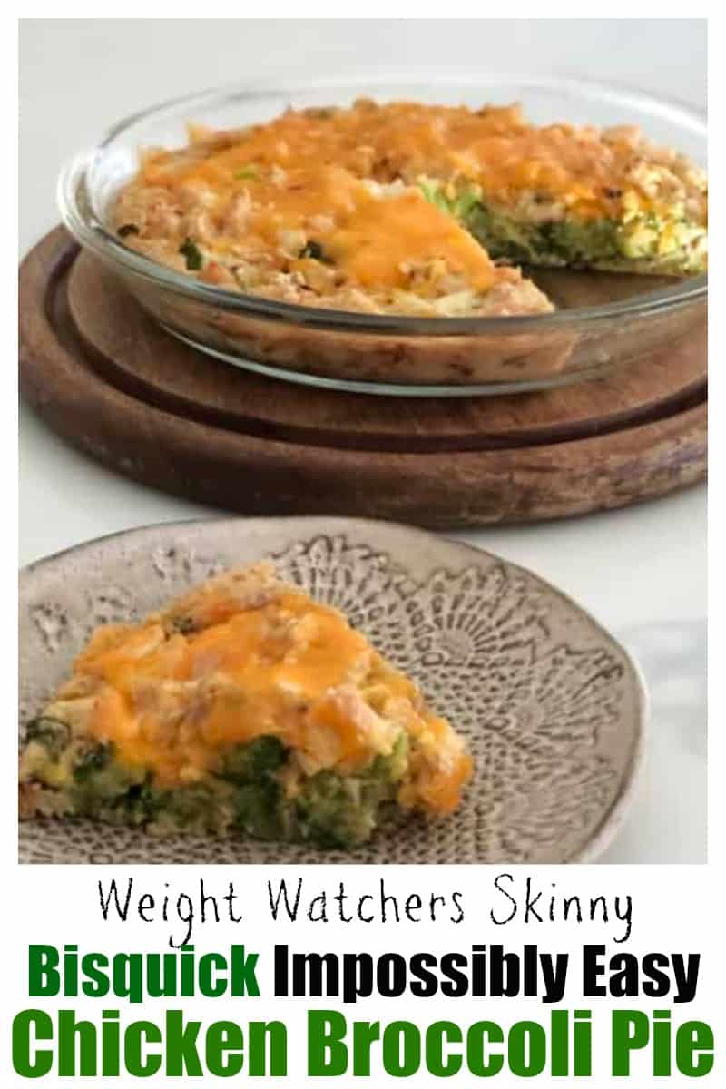 Bisquick impossible chicken broccoli pie in glass pie dish with single serving on small ceramic plate in front.