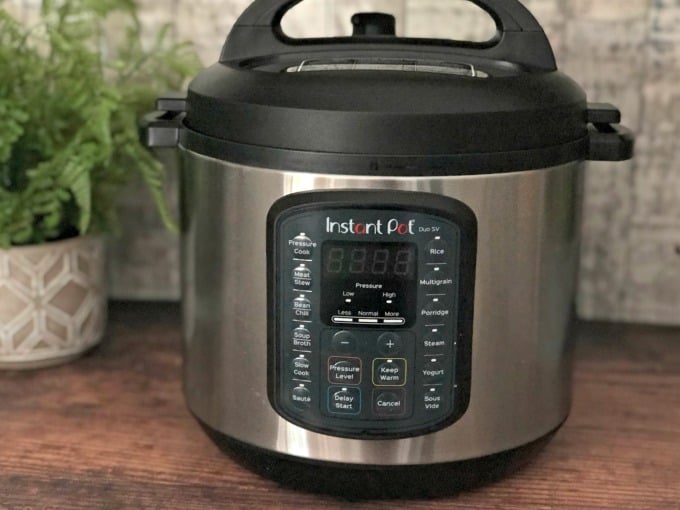 InstantPot up close on wood counter with plant in the background.