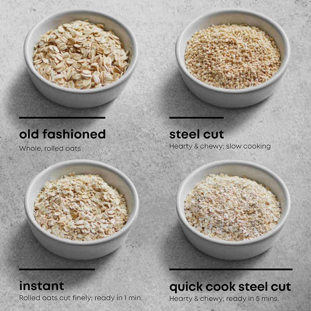 Four different types of oats in while ramekins - old-fashioned, steel cut, instant and quick cook steel cut.