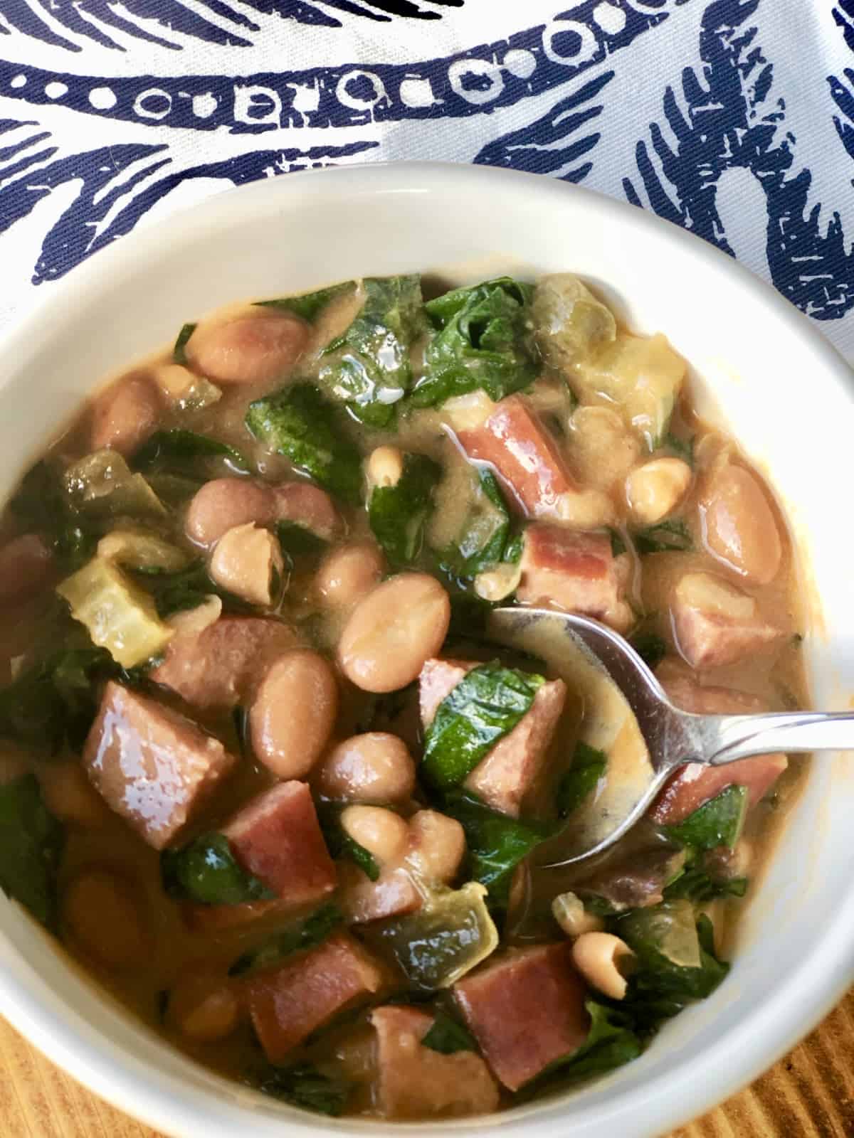 Bowl of Southern Bean Soup with Kielbasa and Bacon.