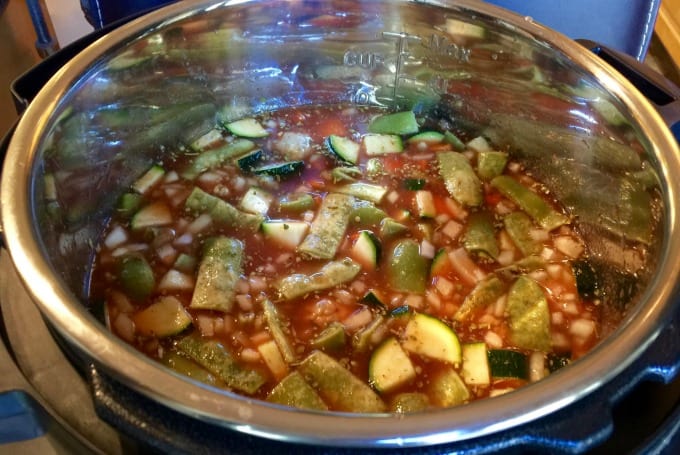 Vegetable soup ingredients in InstantPot before cooking.