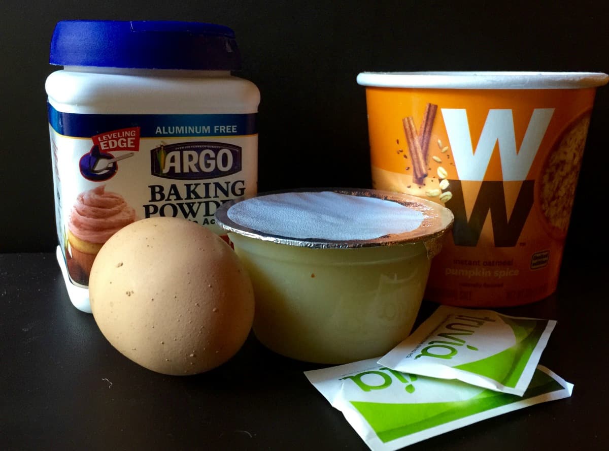 Ingredients including baking powder, egg, unsweetened applesauce, Truvia packets and instant oatmeal.