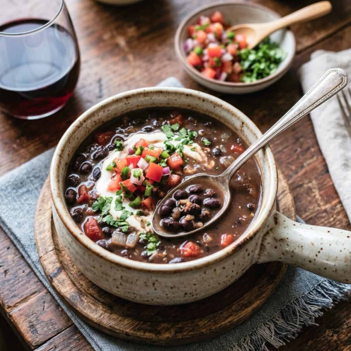 Black bean soup topped with light sour cream, pico de Gallo and chopped cilantro in a soup crock with a spoon.
